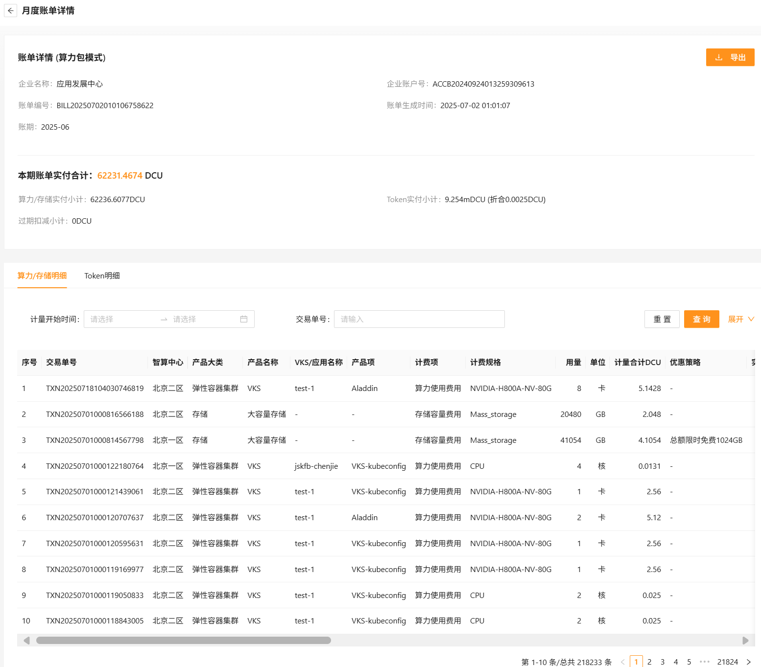 Monthly invoice detail